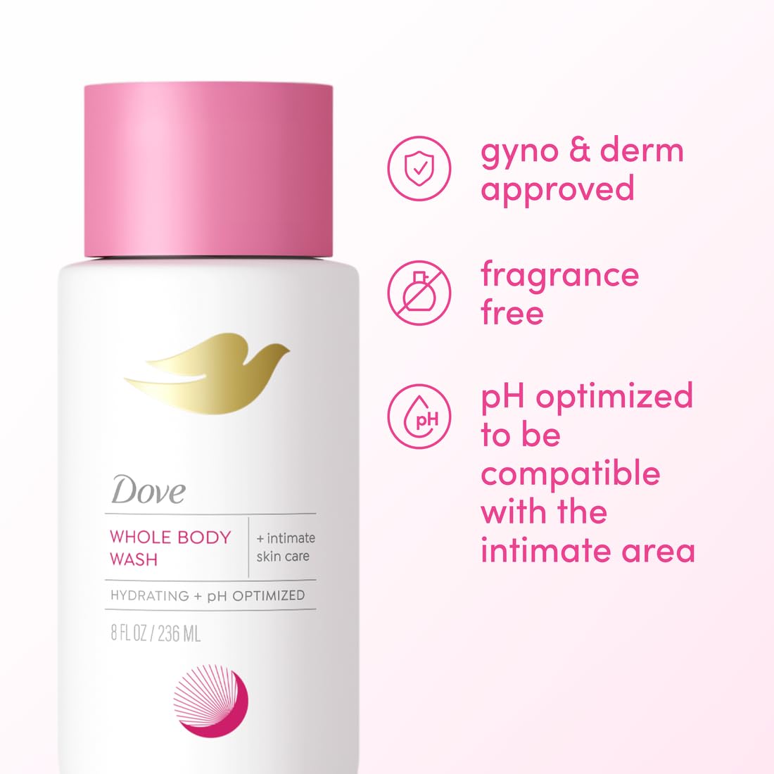 Dove intimate wash size comparison with hand showing compact 8 oz convenience