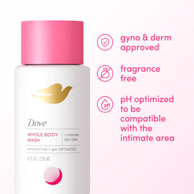 Dove intimate wash size comparison with hand showing compact 8 oz convenience