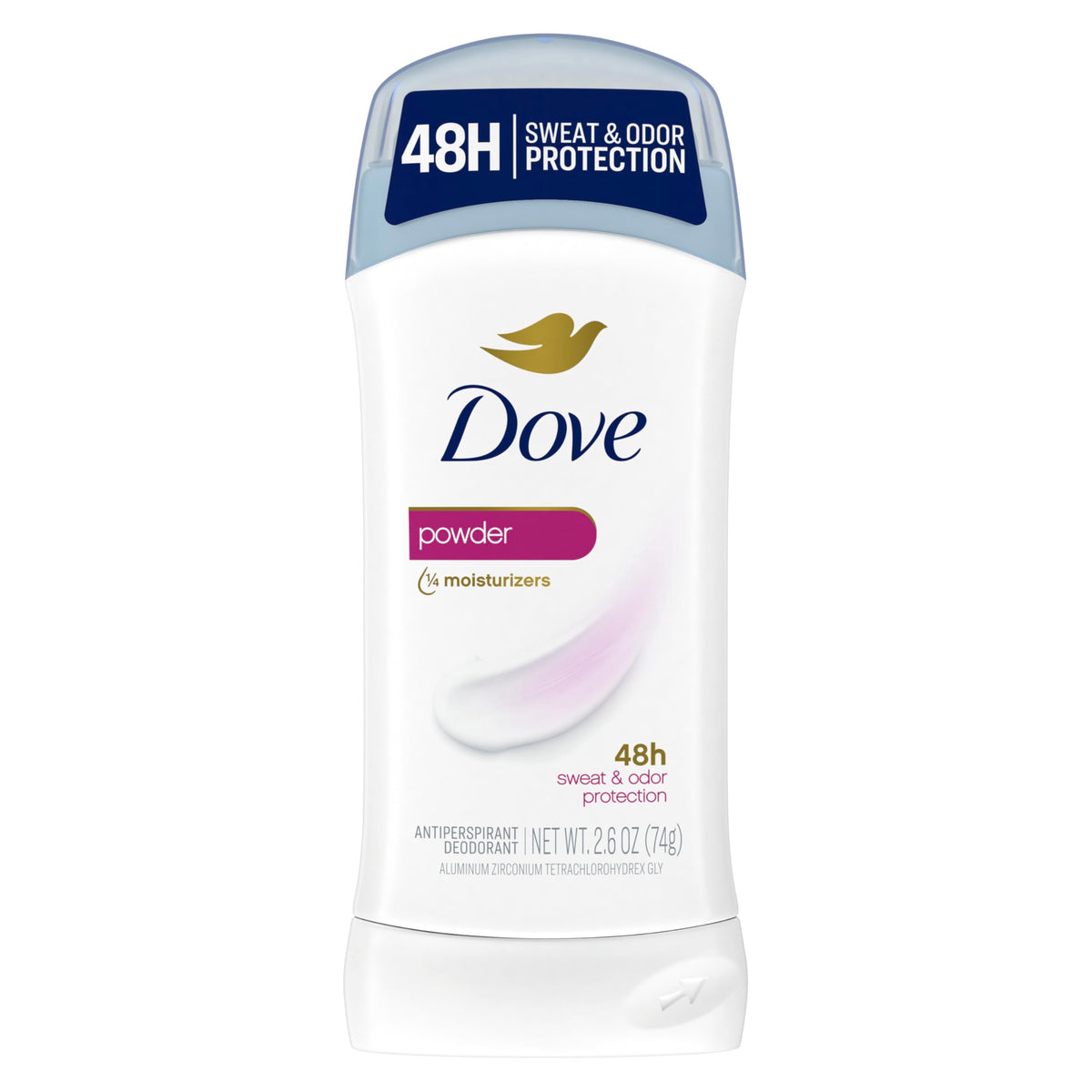 Dove front packaging showing powder invisible solid and reassurance
