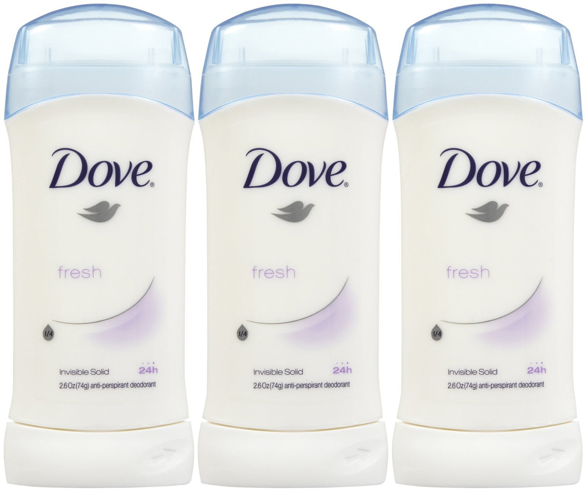 Dove invisible solid front packaging showing fresh scent and pack of three benefits