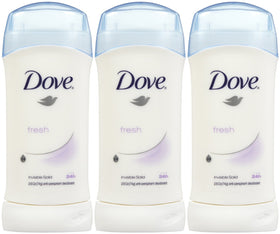 Dove invisible solid front packaging showing fresh scent and pack of three benefits