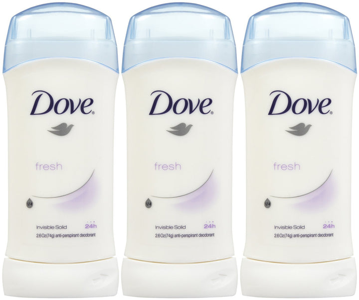 Dove invisible solid front packaging showing fresh scent and pack of three benefits