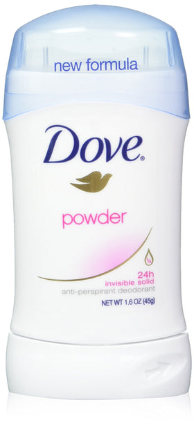 Dove Invisible Solid Powder front packaging showing three 1.6 oz sticks and the clean Powder scent