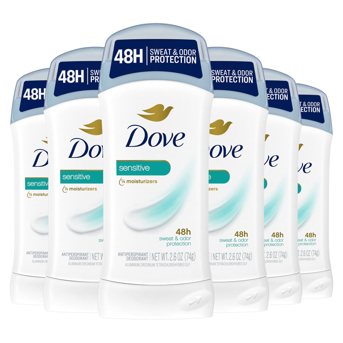 Dove antiperspirant stick front packaging showing product and benefit of clear protection