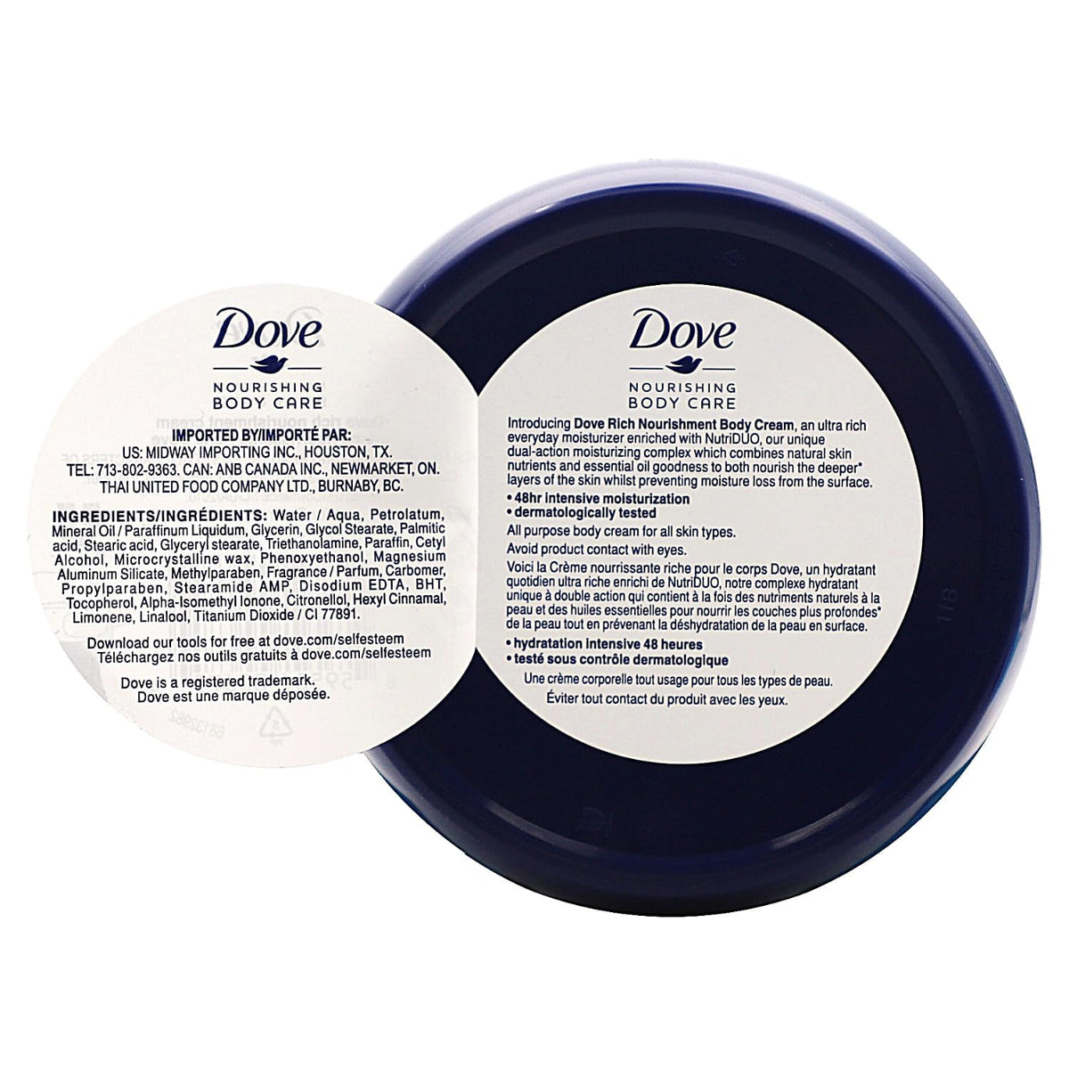 Dove open jar showing cream texture and quick-absorb benefit