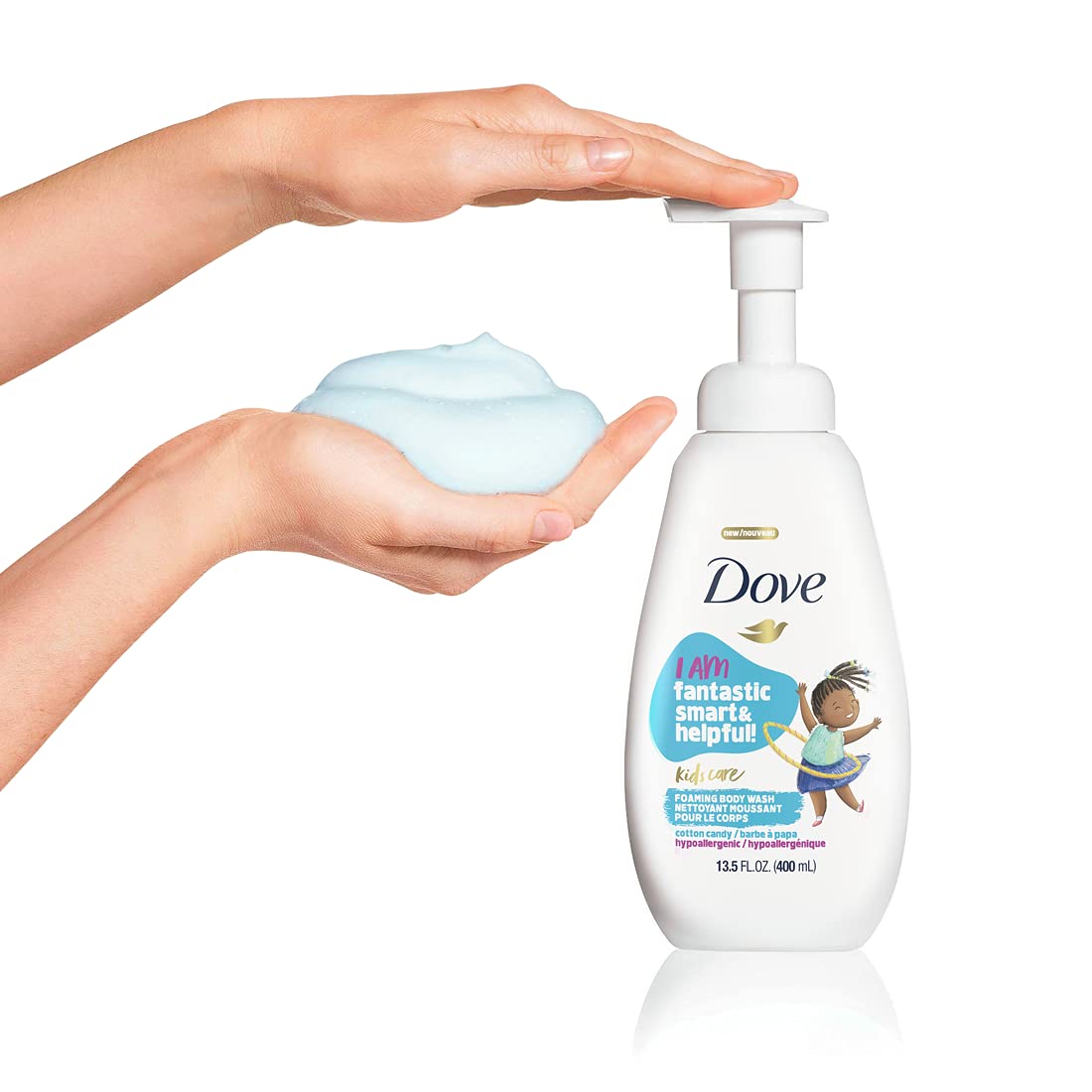 Dove kids bottle in hand size comparison demonstrating convenient pump use and portability