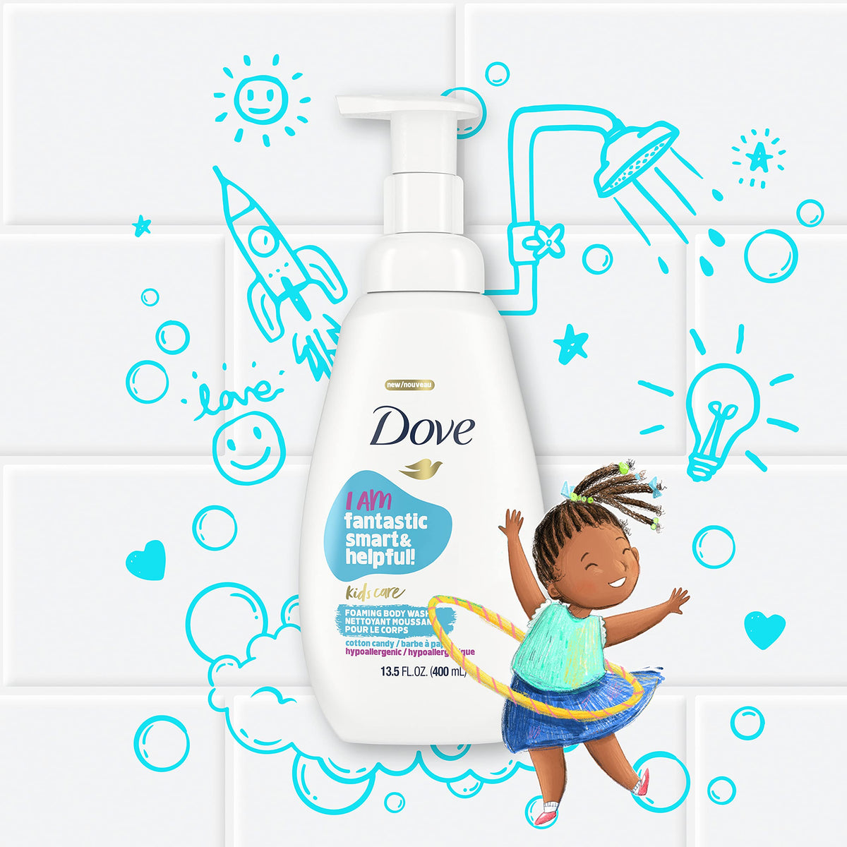 Dove kids label and affirmation close-up highlighting ingredients and positive message