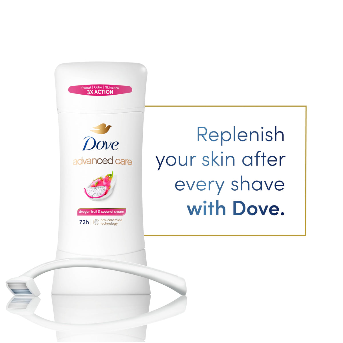 Dove product label close view showing Pro Ceramide Technology benefits and ingredients