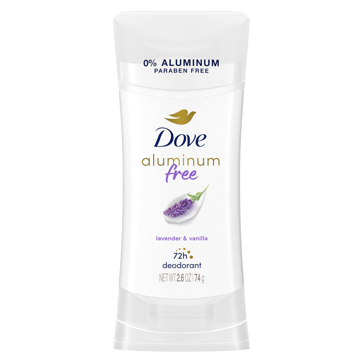 Dove front packaging showing lavender and vanilla scent and gentle formula benefit