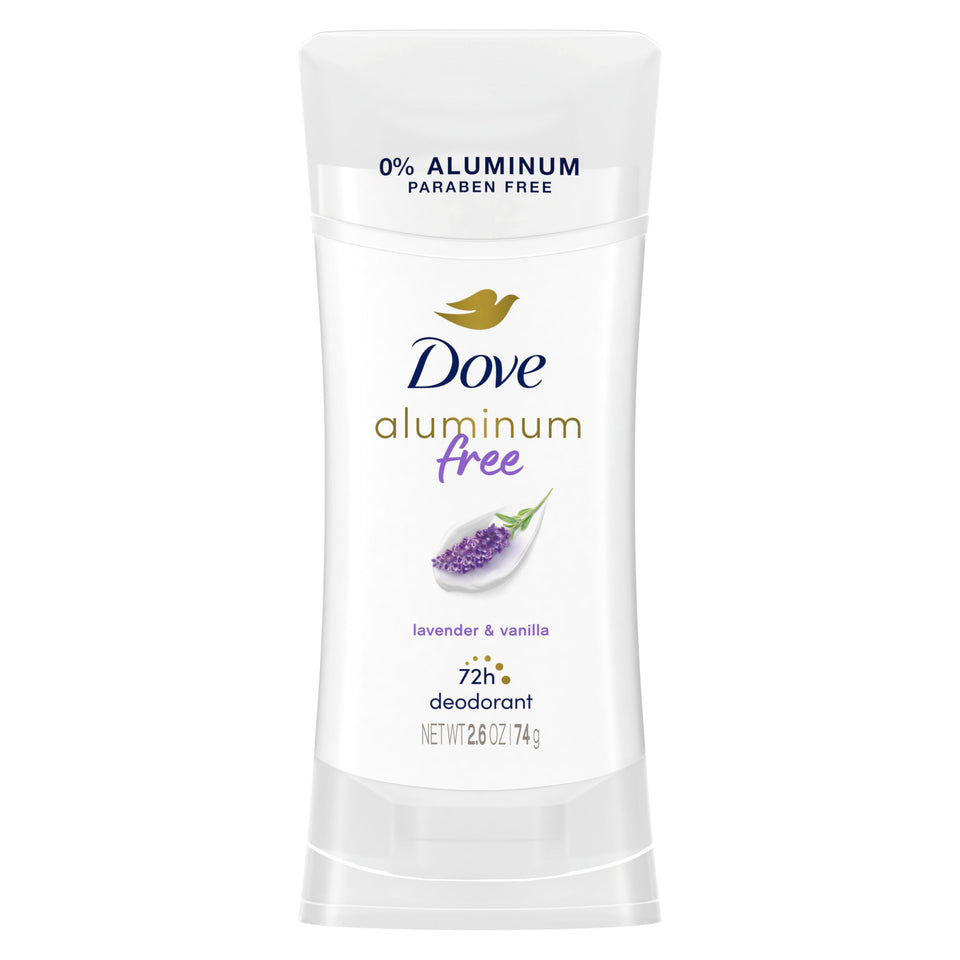 Dove front packaging showing lavender and vanilla scent and gentle formula benefit