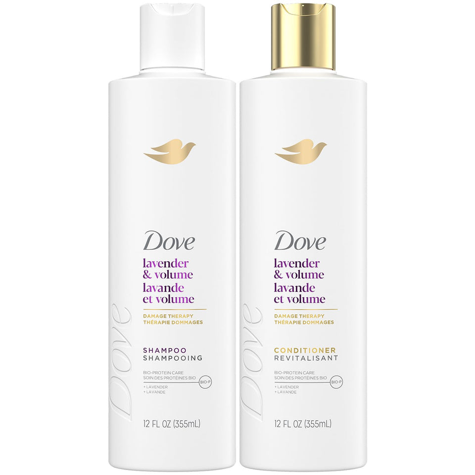 Dove front packaging showing lavender volumizing set and benefits