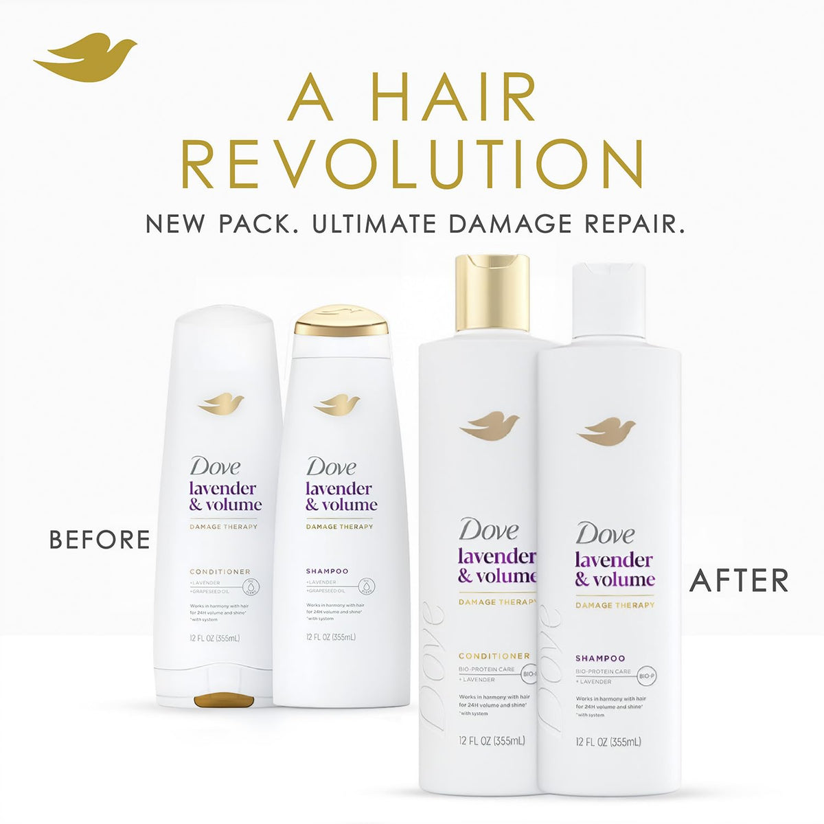 Dove shampoo being poured to show lightweight volumizing formula