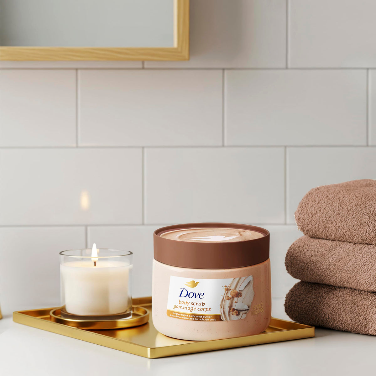 Bathroom shelf with Dove scrub creating a calming self-care moment