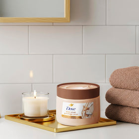 Bathroom shelf with Dove scrub creating a calming self-care moment