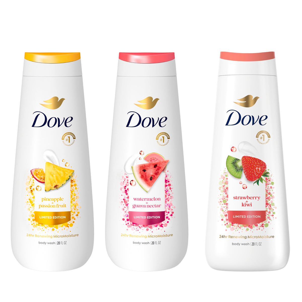 Dove front packaging shows three limited edition bottles and vibrant summer design for hydration