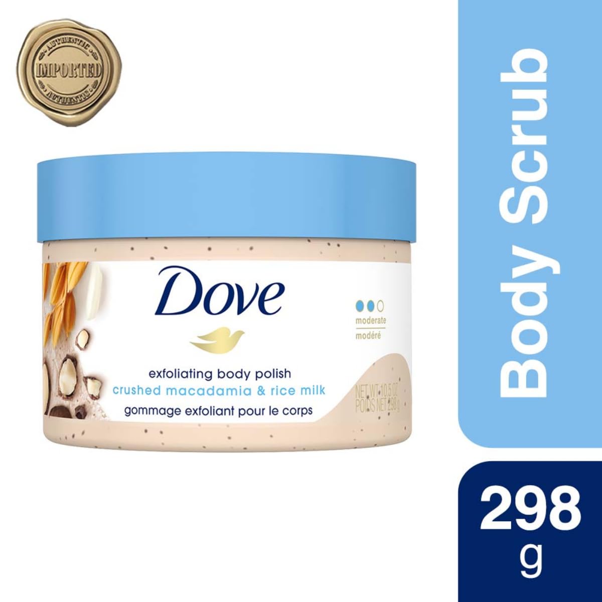 Dove close-up texture revealing creamy scrub and exfoliating particles benefit