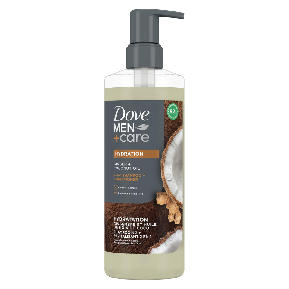 DOVE MEN + CARE front packaging showing bottle and label benefit hydration