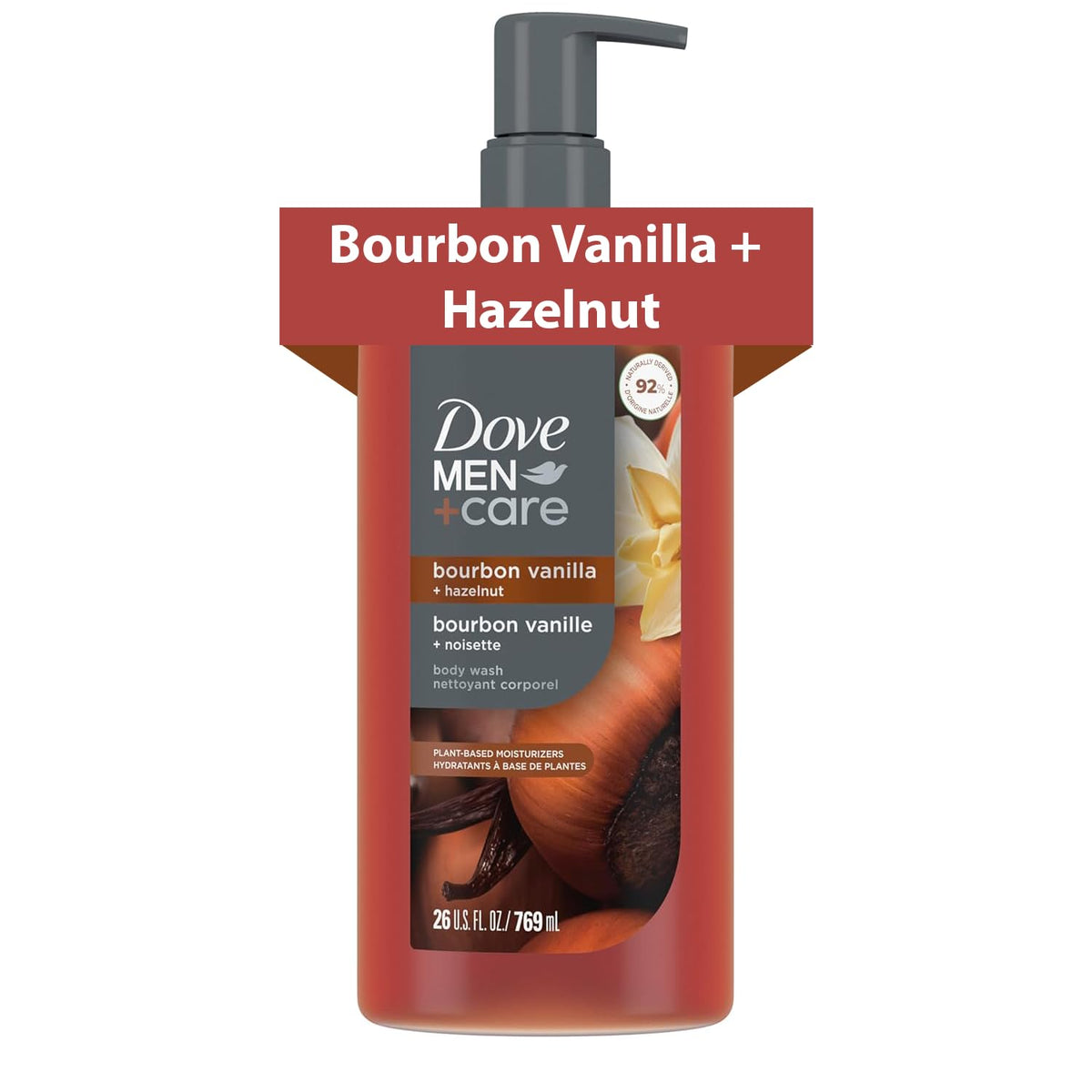 Dove Men+Care bottle front showing bourbon vanilla hazelnut scent and benefits