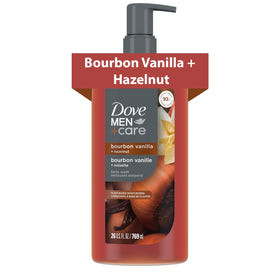 Dove Men+Care bottle front showing bourbon vanilla hazelnut scent and benefits