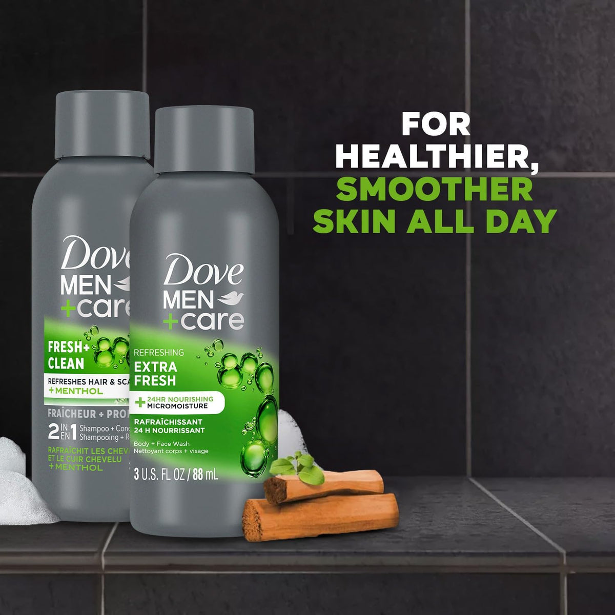 Dove Men+Care Fresh + Clean 2‑in‑1 shampoo label closeup showing conditioning benefit