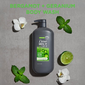 DOVE MEN + CARE 30 oz bottle beside a towel for scale, indicates large supply