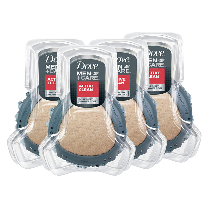DOVE MEN + CARE front pack showing four shower tools and clear benefits