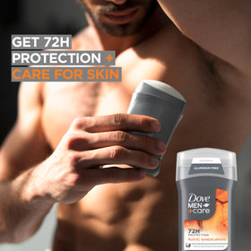 DOVE MEN + CARE deodorant being applied from hand demonstrating easy on-the-go use