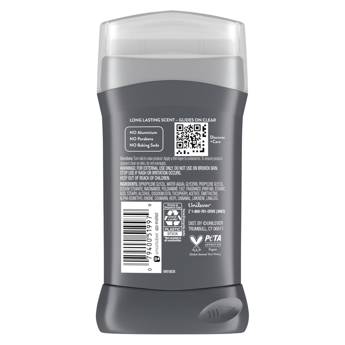 DOVE MEN + CARE back label close-up displaying ingredients and usage directions