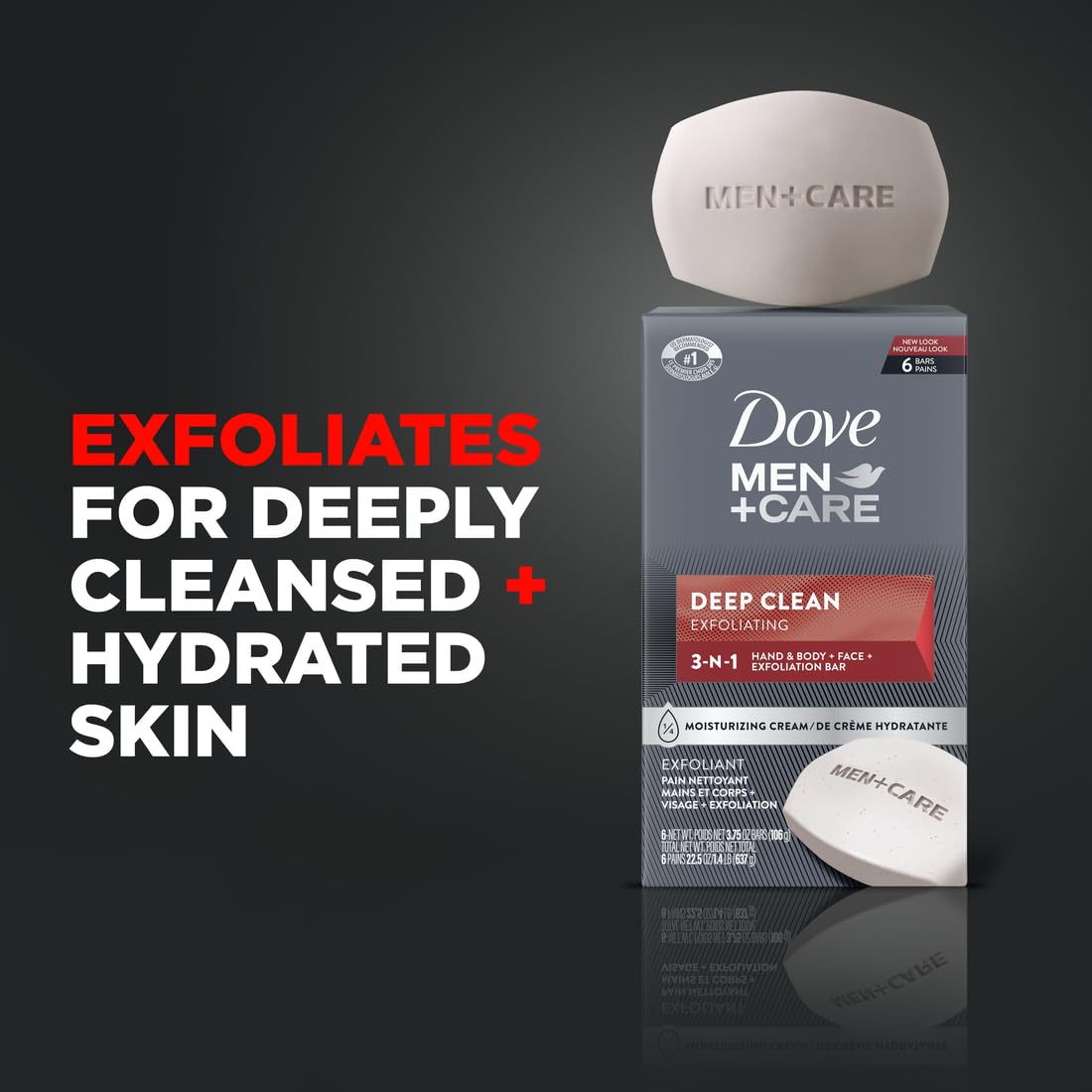 Dove Men+Care close-up of purifying grains on bar showing gentle exfoliation