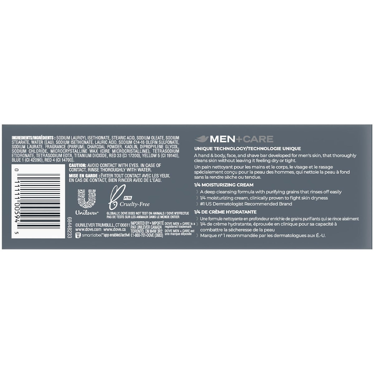 Dove Men+Care bar close-up texture revealing charcoal-clay exfoliating particles