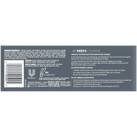 Dove Men+Care bar close-up texture revealing charcoal-clay exfoliating particles
