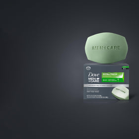DOVE MEN + CARE lather on shoulder illustrating gentle cleansing and rinseability