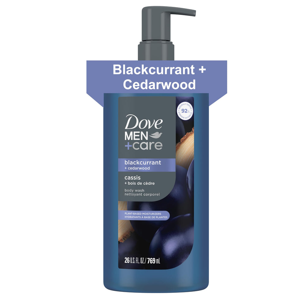 Dove Men+Care front bottle view showing bold label and scent benefit
