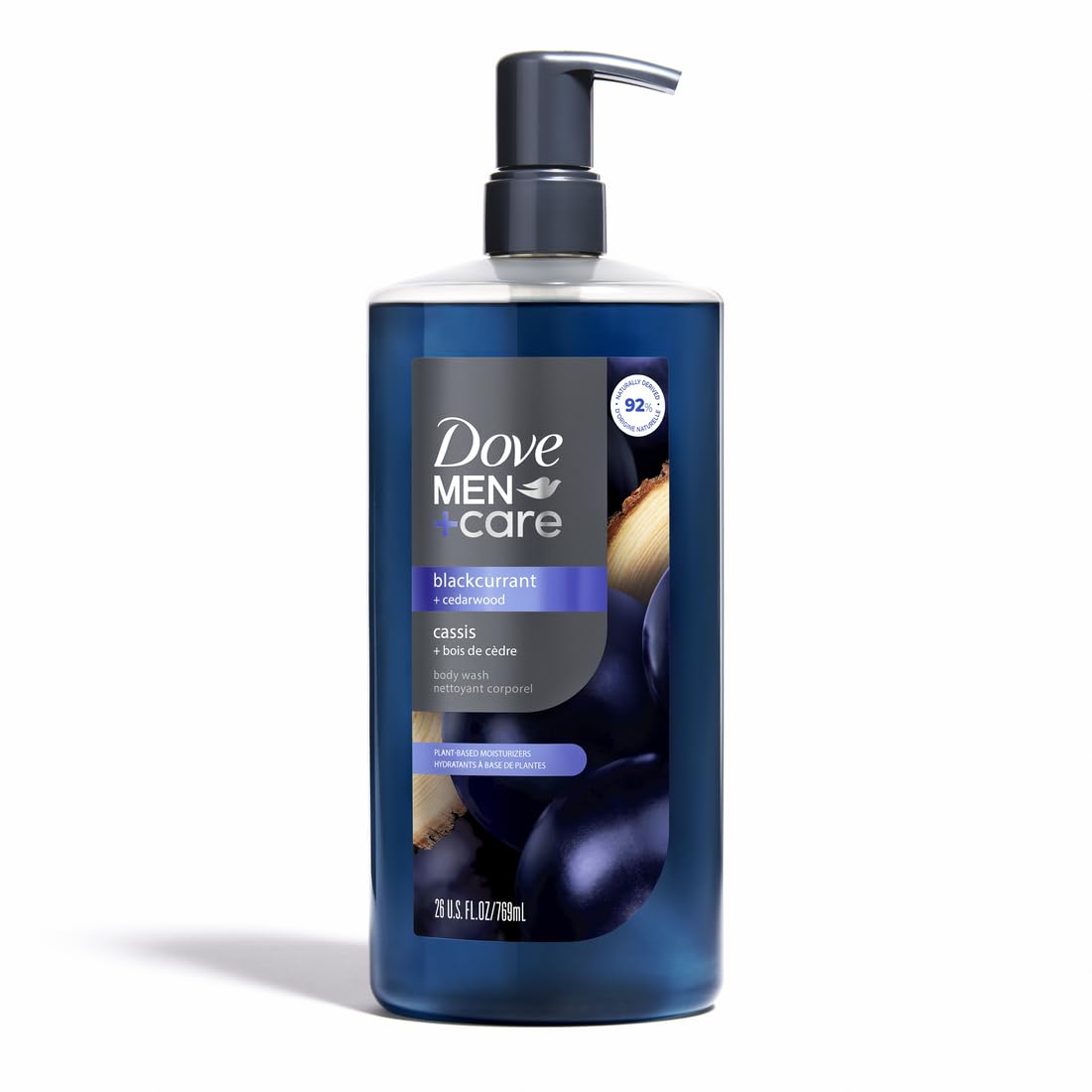 Dove Men+Care with blackcurrant and cedarwood ingredients highlighting fragrance