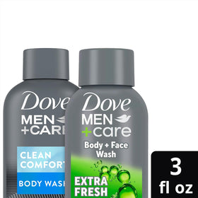 Dove Men+Care bottle held in hand illustrating compact travel-friendly size
