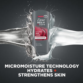 Dove Men+Care bottle showing recycled-material mark and eco benefit