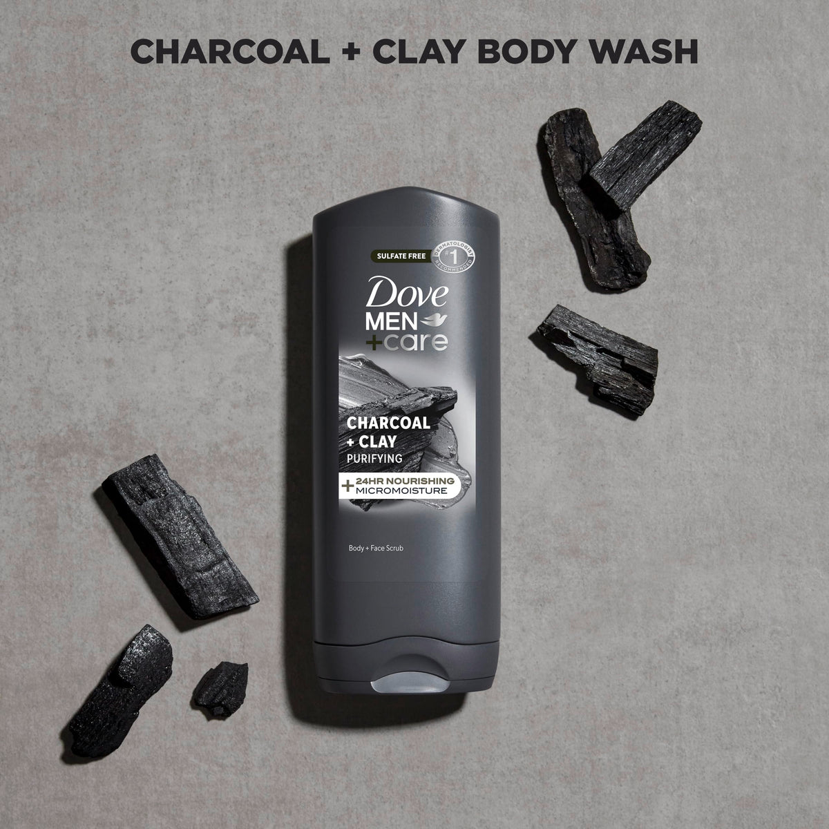 Dove Men+Care bottle label highlighting 100% recycled plastic packaging