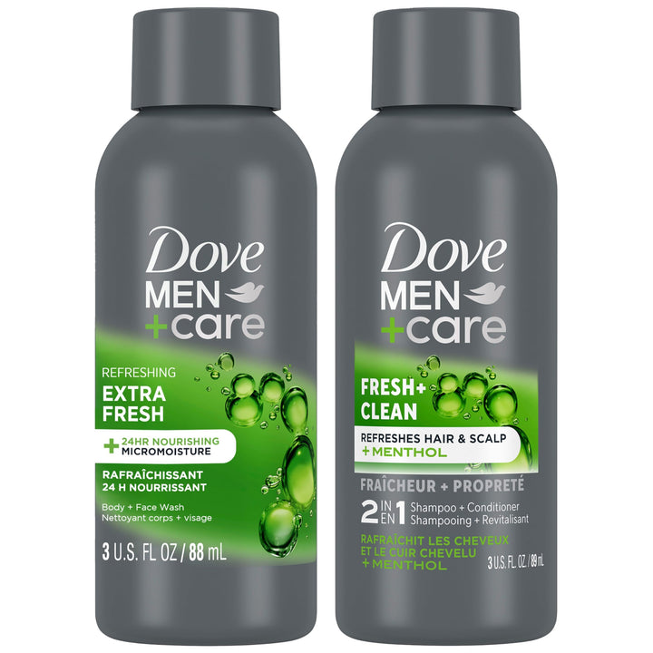 Dove Men+Care bundle front packaging showing both travel bottles and fresh scent benefit