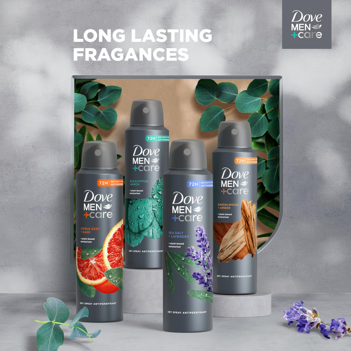 Close-up aerosol nozzle of Dove Men+Care highlighting instant dry finish benefit