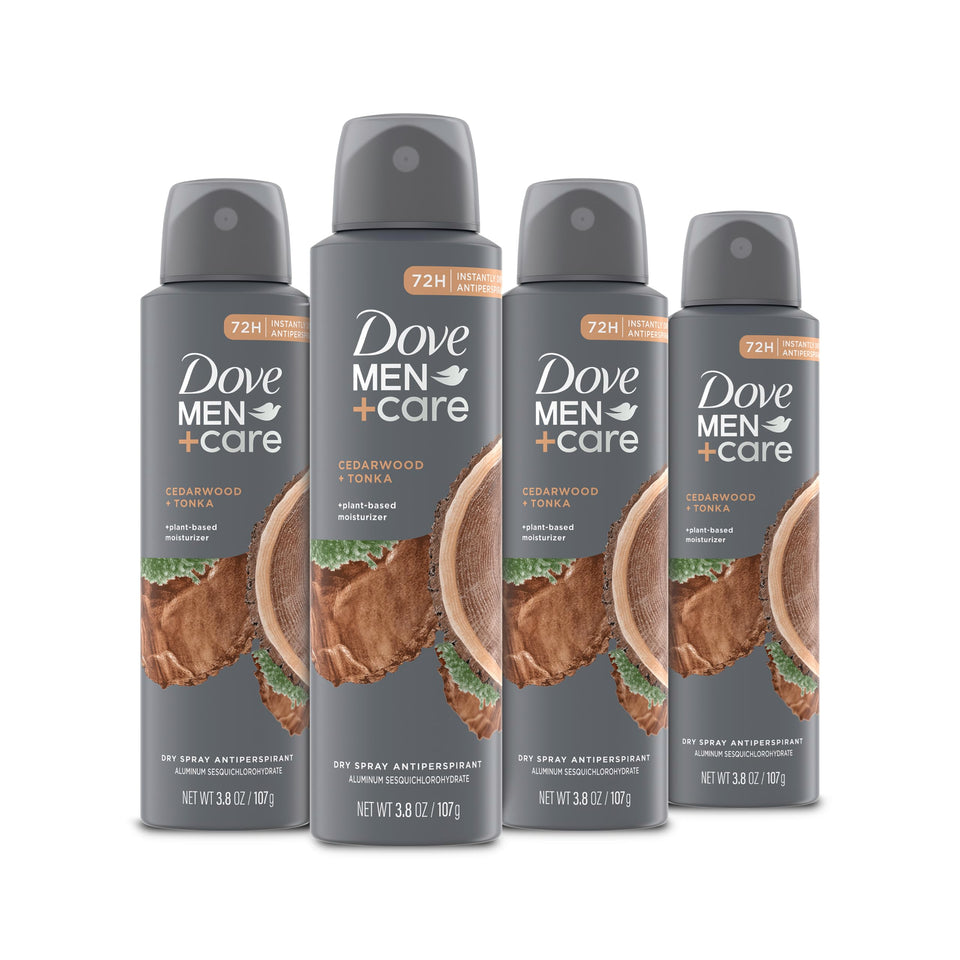 Dove Men+Care front pack showing cedarwood tonka scent and 72H protection benefit