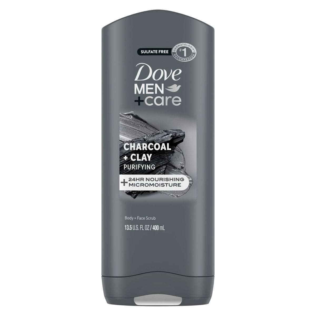 Dove Men+Care front packaging showing charcoal clay benefits and moisturizers