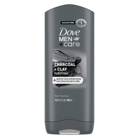Dove Men+Care front packaging showing charcoal clay benefits and moisturizers