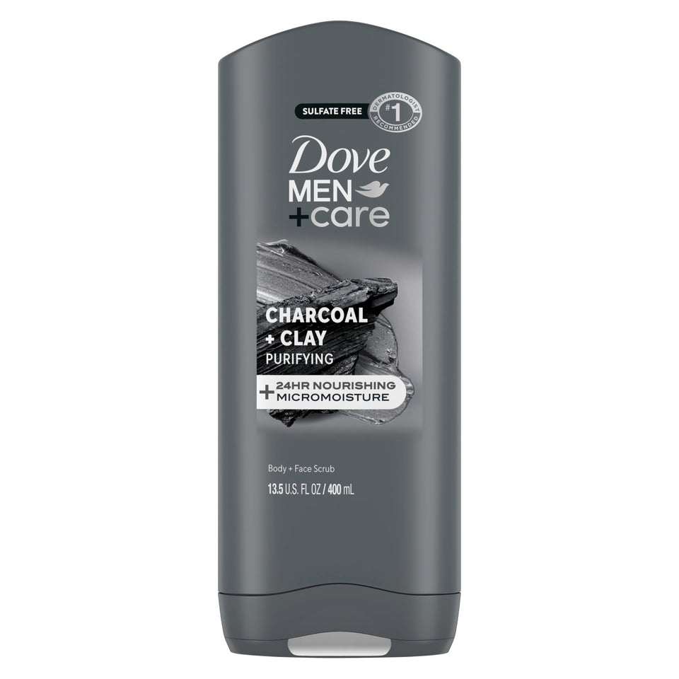 Dove Men+Care front packaging showing charcoal clay benefits and moisturizers