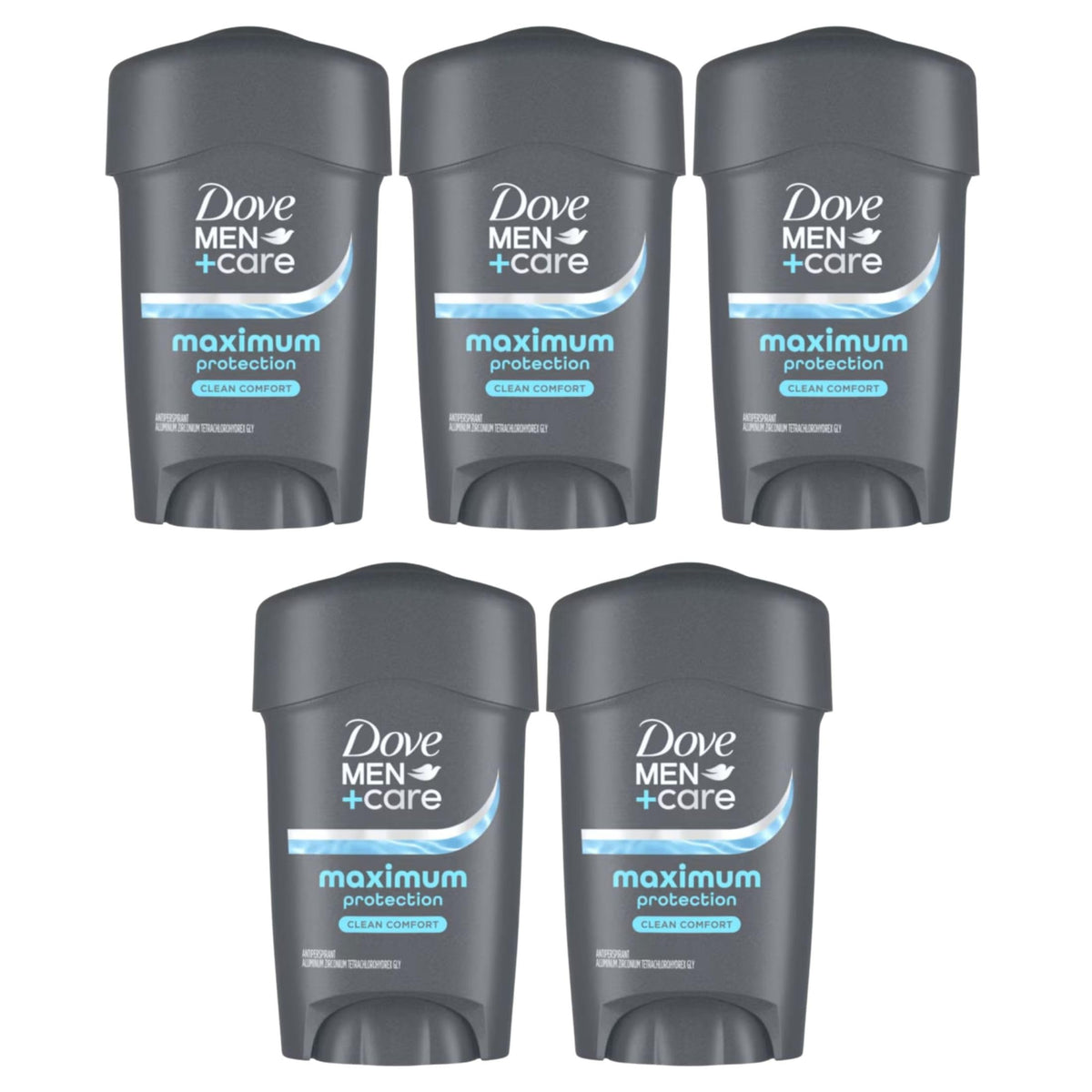 Dove Men+Care front packaging showing five sticks and brand protection benefit