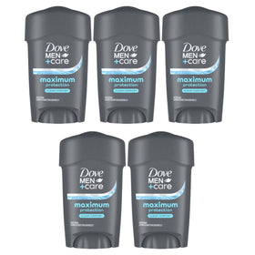 Dove Men+Care front packaging showing five sticks and brand protection benefit