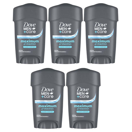Dove Men+Care front packaging showing five sticks and brand protection benefit