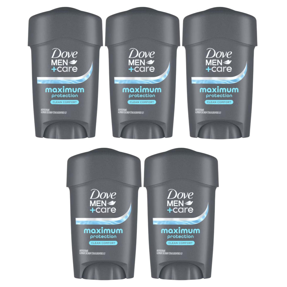 Dove Men+Care front packaging showing five sticks and brand protection benefit