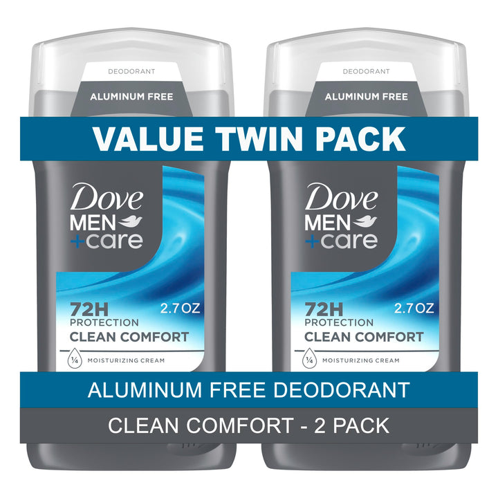 Dove Men+Care front packaging showing twin pack and compact convenience