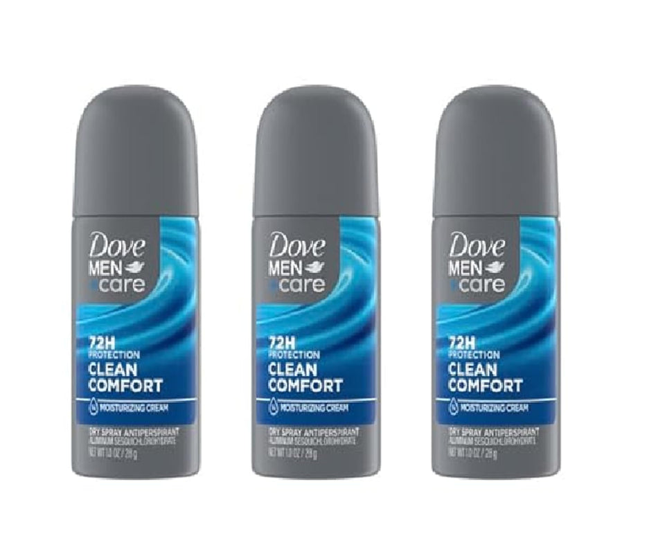 Dove Men+Care front packaging showing travel three-pack and clear branding for convenience
