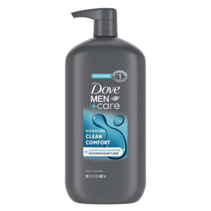 DOVE MEN + CARE front packaging showing 30 oz bottle and branding benefit of hydration
